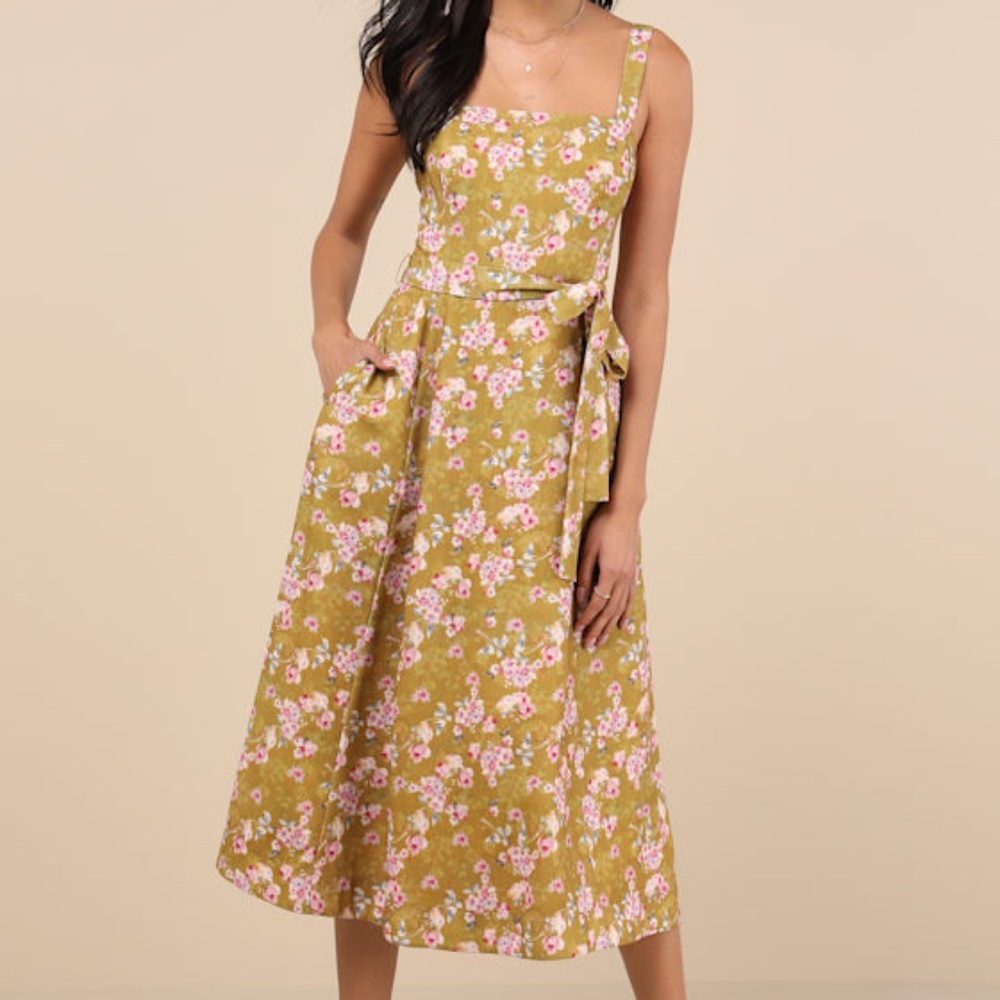 Lulus Sunny Posture Chartreuse Floral Sleeveless Midi Dress Green - Size M